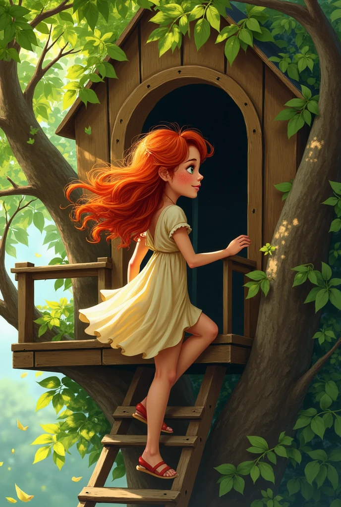Red-haired woman climbing the tree house