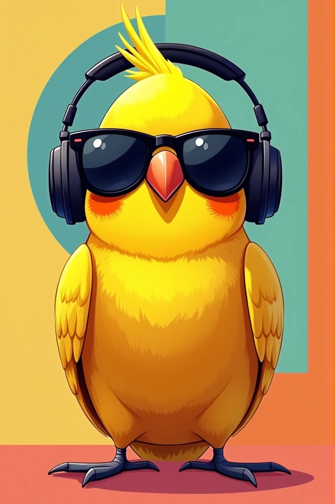 Angry yellow parakeet with headphones and dark sunglasses, simple modern cartoon design