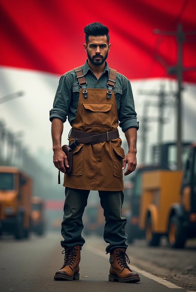 jewish man, gentleman black hair, masculine face, straight focus, industrial outfit, in front of Indonesia flag