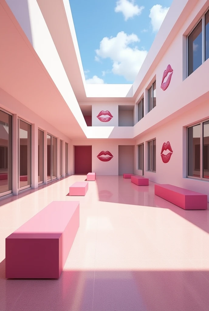 (photorealism:1.2) Empty in a pink girls' school inside yard, pink and white modern school building with pink benches, clean in good shape, the sign "Colegio Coquetas" and the signs of many kisses 💋 on the walls, not childish drawings on the walls, realistic, intricate details