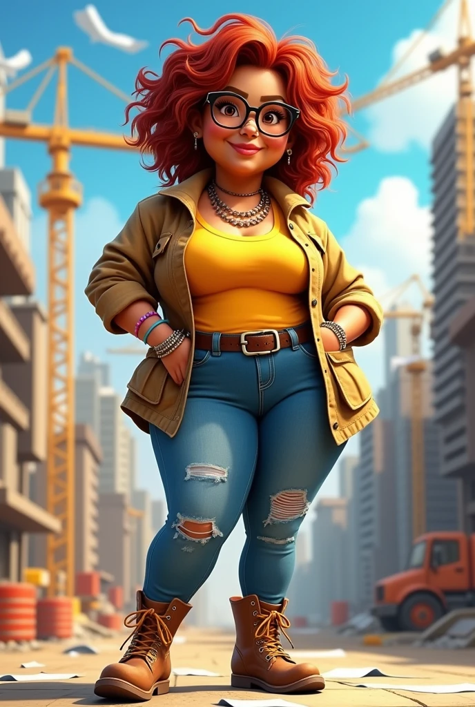 Very chubby and chubby female architect, with medium short curly copper red hair at shoulder length, light brown skin, dark brown eyes and hipster glasses, with bracelets and nose piercing, with rockstar style bag, ripped denim jeans, wearing a yellow shirt and a canvas jacket over it, open, and construction boots, construction stop, Disney Pixar Cartoon version