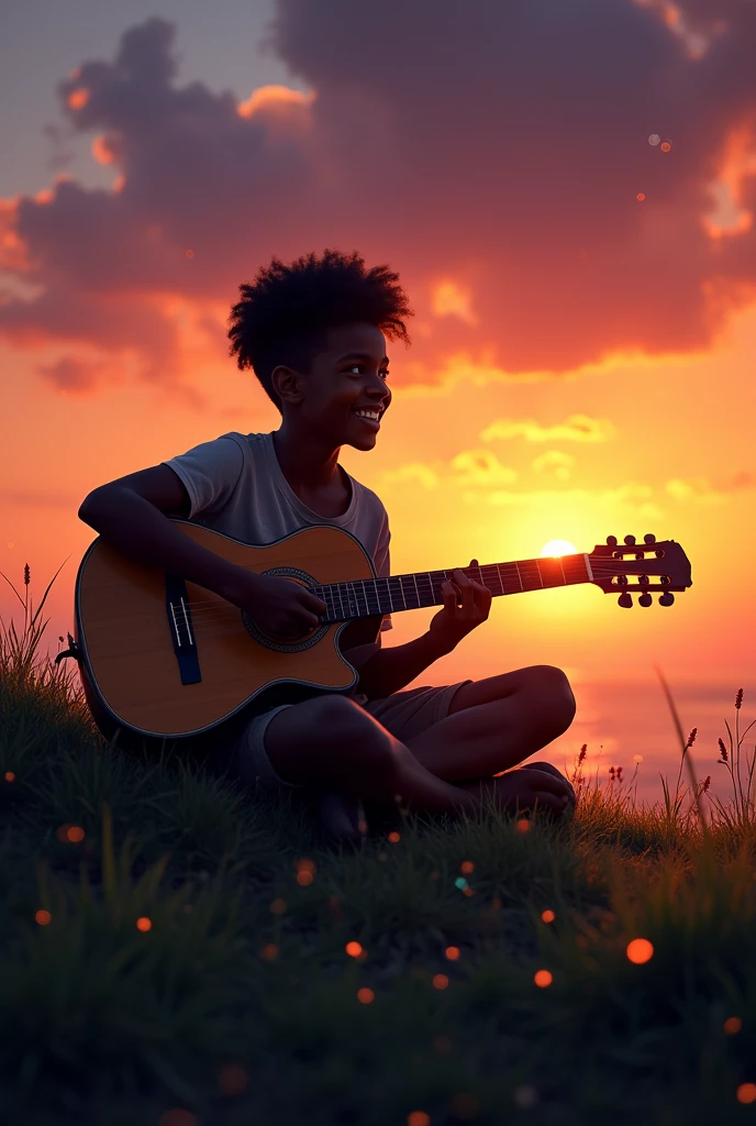 A dark-skinned boy playing the guitar watching the sunset