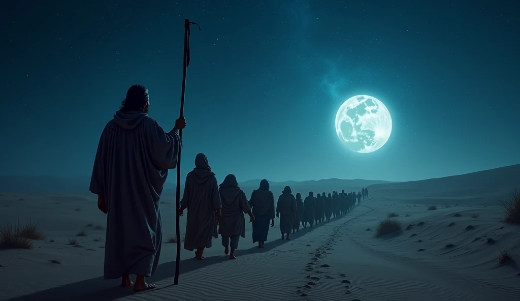 Scene showing Moses leading the Israelites through the desert at night, with moonlight lighting the way. People carrying their belongings, children beside them, on the long journey to escape Egypt.

 