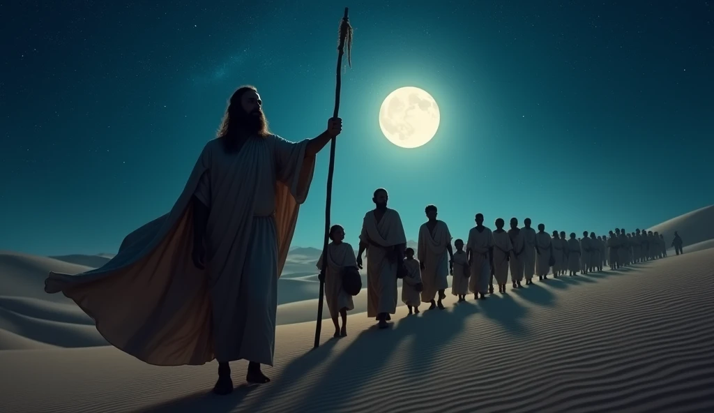 Scene showing Moses leading the Israelites through the desert at night, with moonlight lighting the way. People carrying their belongings, children beside them, on the long journey to escape Egypt.

 