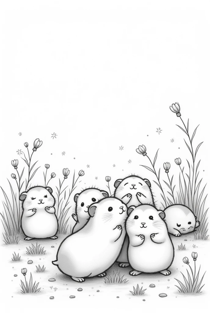 A black and white drawing with simple lines of many, so many so many really cute hamster babies in a field, as if they were cartoon characters 