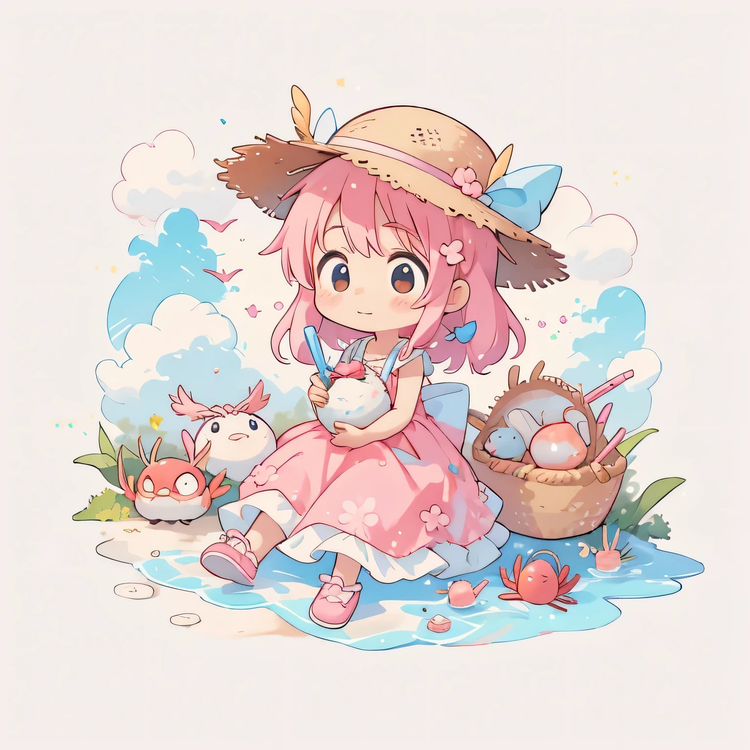Momoko Sakura colorful Style, Kawaii Design, most beautiful girl ever、Chibi, Straw hat、Lots of friends、birdie、Summer beach, crab
