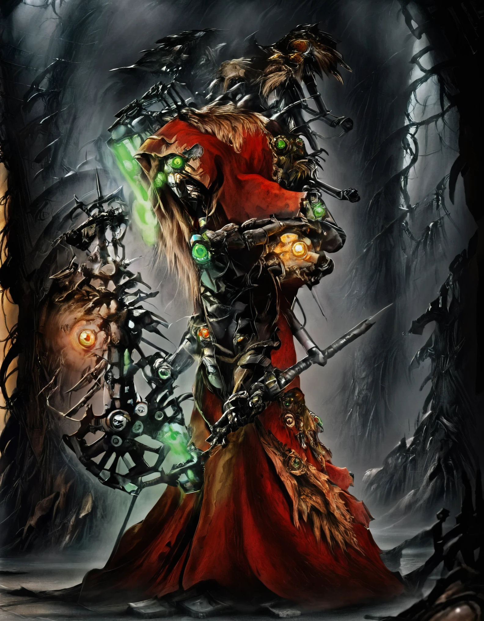 famous artwork (by josephine wall:1.2), detailed expressive eyes, fantasy style, beware of the majestic lop-eared skinkplink, here it is seen with its mane of boondiversed flames illuminating a mythical robgoffler as it roars in the midst of an otherworldly dimarified thunderstorm on planet laugternova , (wide angle:1.3, full body shot:1.3), dark sci-fi. Mechanicus techno-cultist in techno gothic temple, washed up red flowing modest ornate hooded techno-priestess dress (made from black circuit board), (face-covered:1.2) techno-cultist mask, (multiple:1.2) arms, (mechanical tentacle arm) with claws,   mechanical (green:1.1) eyes, half skull half cog, rust, dirty red robes with oil stains, asymmetrical, (respirator:1.1), massive (backpack:1.2) with arms, gothic, (Oil painting) (by Jean-François Millet), (by Gustave Courbet) , (by Jules Breton)  