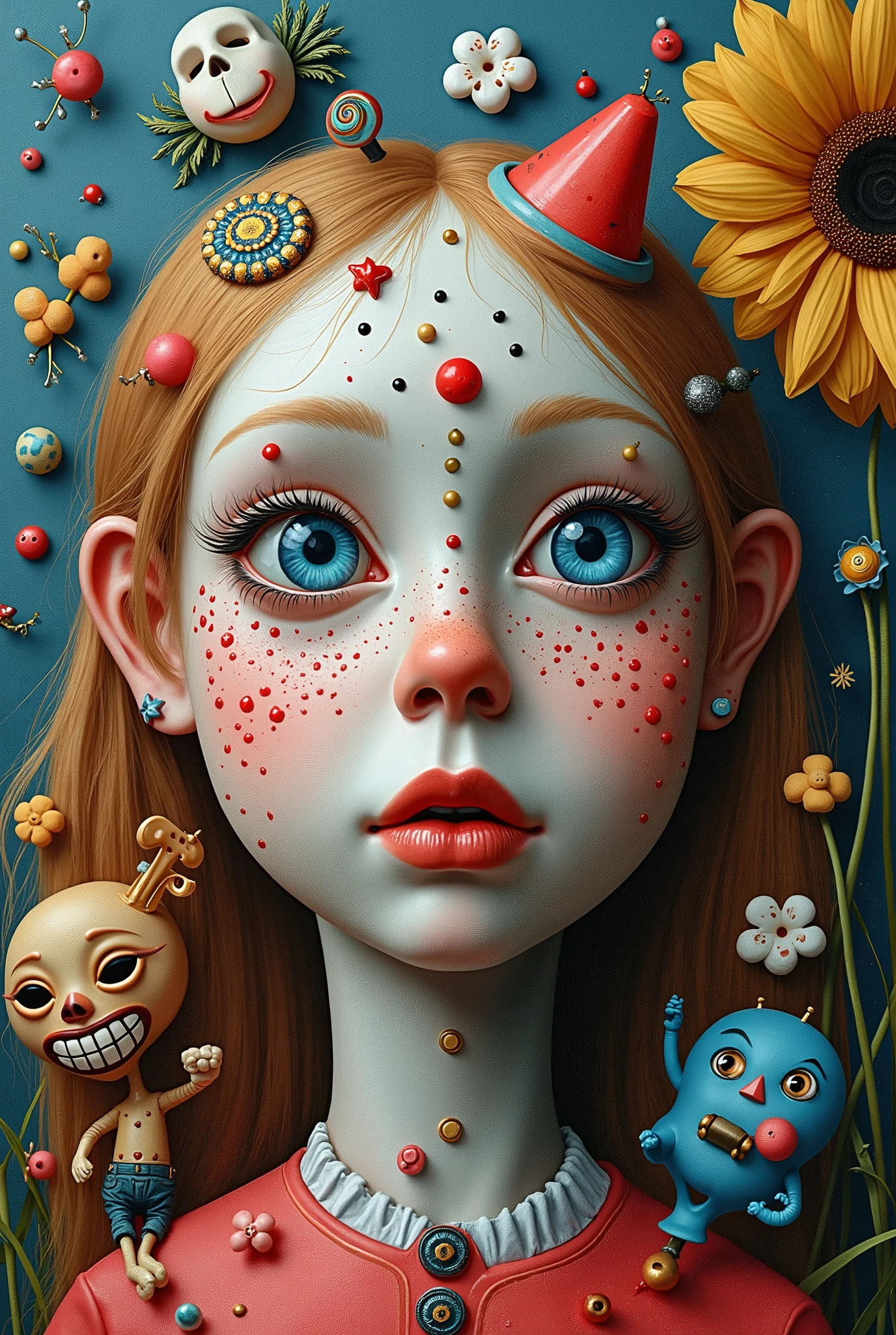 lewis carrol, Alice in Wonderland, Surreal and strange dislocation art:Collage,There are many different things on the faces,neon colors playground toys,Geometric Dislocation,Collage,Hollow,Artistic sense,Painting,paint,Simple, children playing infants girls and boys