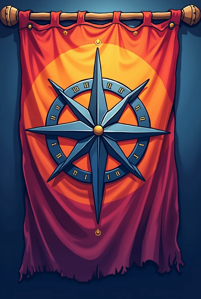 I want a medieval flag with a compass design in the middle, style cartoon, I want with the theme "Enclave of Nightfall Dominion", I want an image of just the flag on the entire screen, You don't need to make a scene, just the flag, I want the flag with the color of the sunset and the compass with the color of dusk 