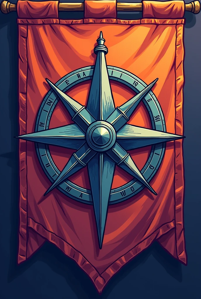 I want a medieval flag with a compass design in the middle, style cartoon, I want with the theme "Enclave of Nightfall Dominion", I want an image of just the flag on the entire screen, You don't need to make a scene, just the flag, I want the flag with the color of the sunset and the compass with the color of dusk