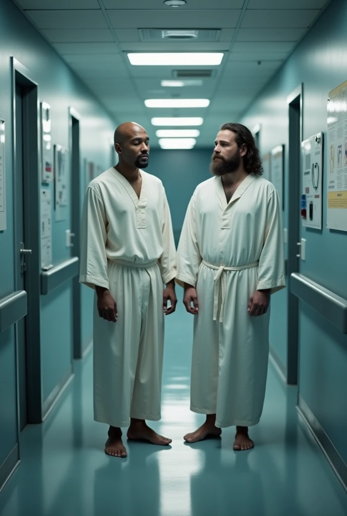 A young bald man standing at the entrance of the operating room in a hospital accompanied by Jesus. It should be noticeable that it is a hospital.