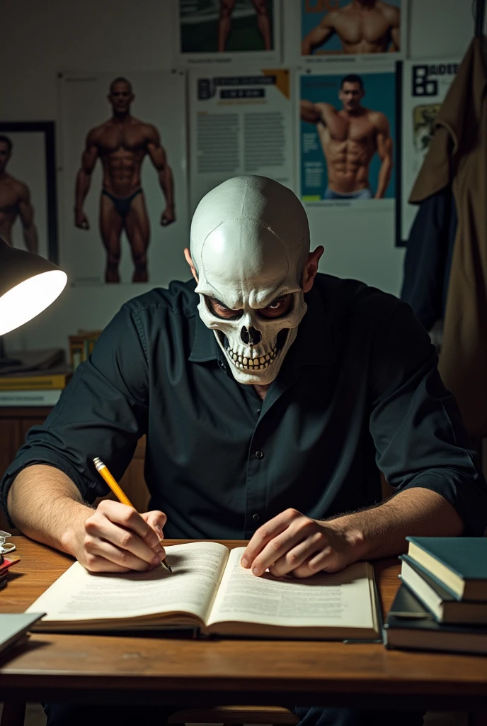 man studying for a competitive exam, offwhite, with an angry face, low hair and with a study-related background for a muscular competition and looking forward with a skull face, with black shirt, with a coat hanging on the wall and a skull-like face
