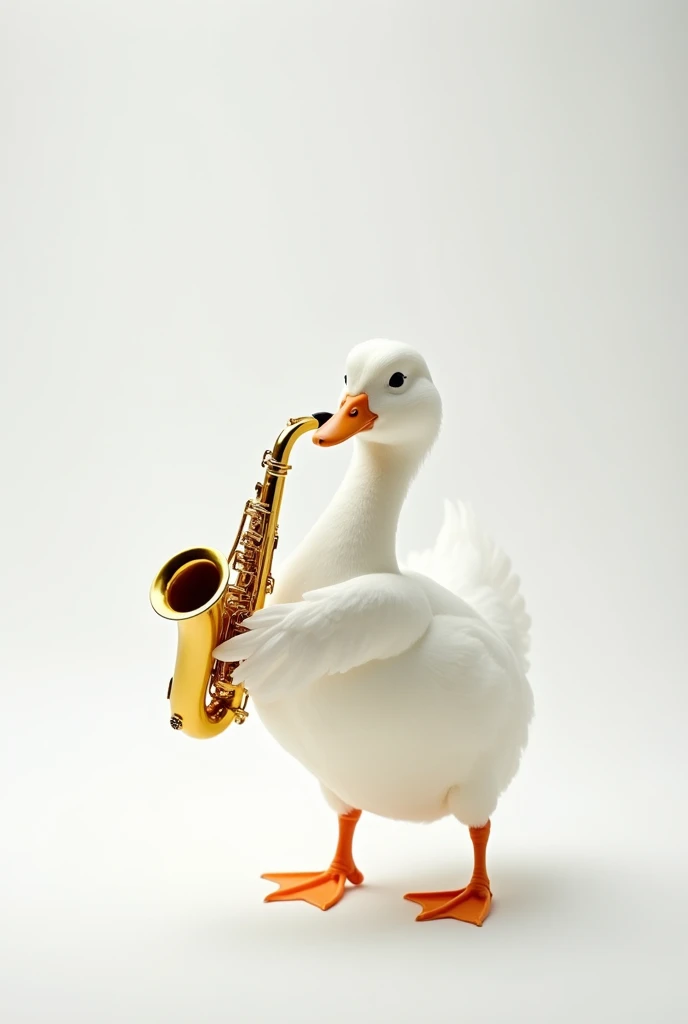 White duck drawn on a white background holding a saxophone with its wings