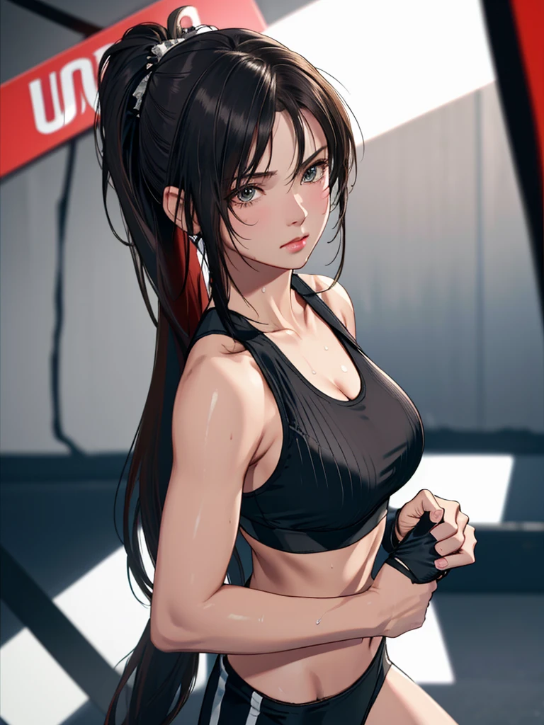 fashion style, masterpiece, best quality, 8k, artstation, sharp focus, (ultrarealistic:1.5), (high details:1.4), raw photo of a young woman, gym, sports bra,boxing gloves,ponytails, faded, intricate background, soaking wet, (Cinematic:1.4),