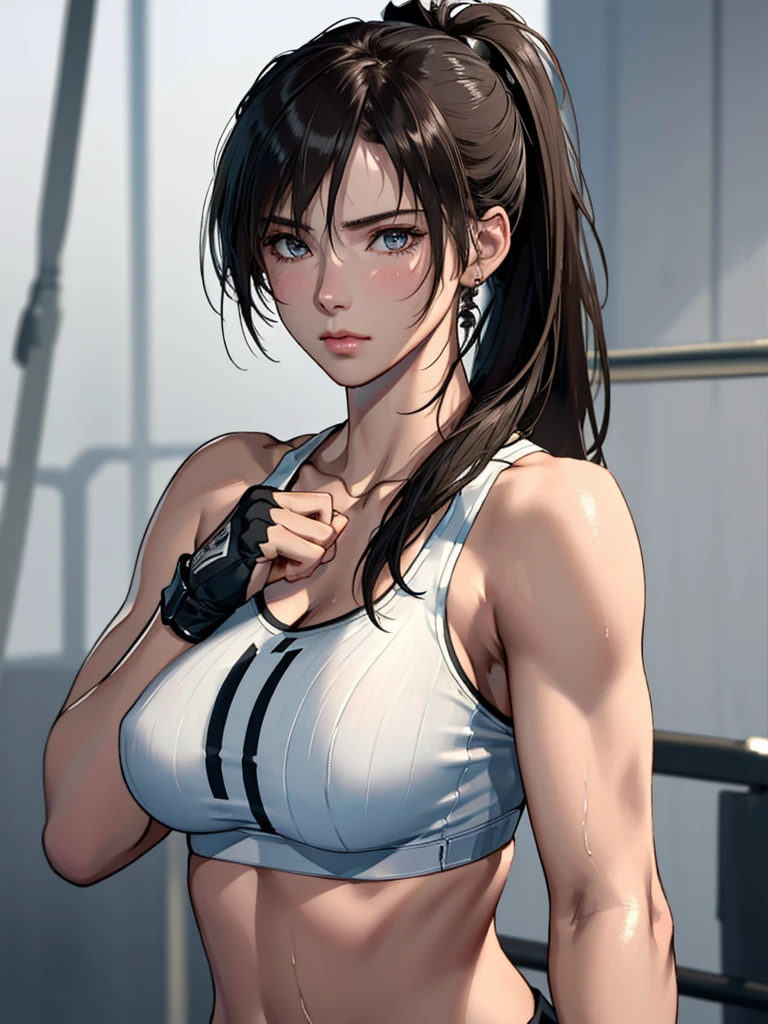 fashion style, masterpiece, best quality, 8k, artstation, sharp focus, (ultrarealistic:1.5), (high details:1.4), raw photo of a young woman, gym, sports bra,boxing gloves,ponytails, faded, intricate background, soaking wet, (Cinematic:1.4),