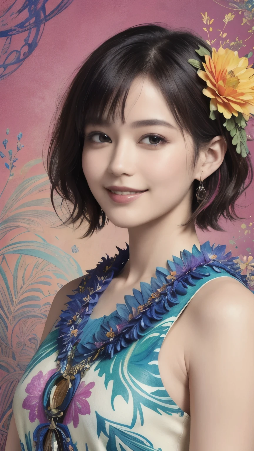 272 (20-year-old woman,Short Hair), (masterpiece, Highest quality, aesthetic:1.2), Very detailed, (Fractal Art:1.1), (colorful:1.1), (flower:1.3), whole body, (Abstract background:1.3), (Many colors:1.4), (Archaic Smile), (Hawaii)