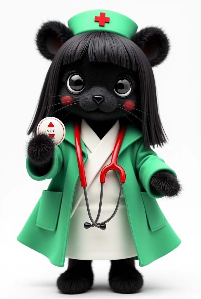 Create a nurse doll with black fur, black eyes, straight black hair to the shoulder with a planchette in her hand with a red stethoscope around her neck wearing a green lab coat with a white robe on top with white shoes in high quality with a transparent background