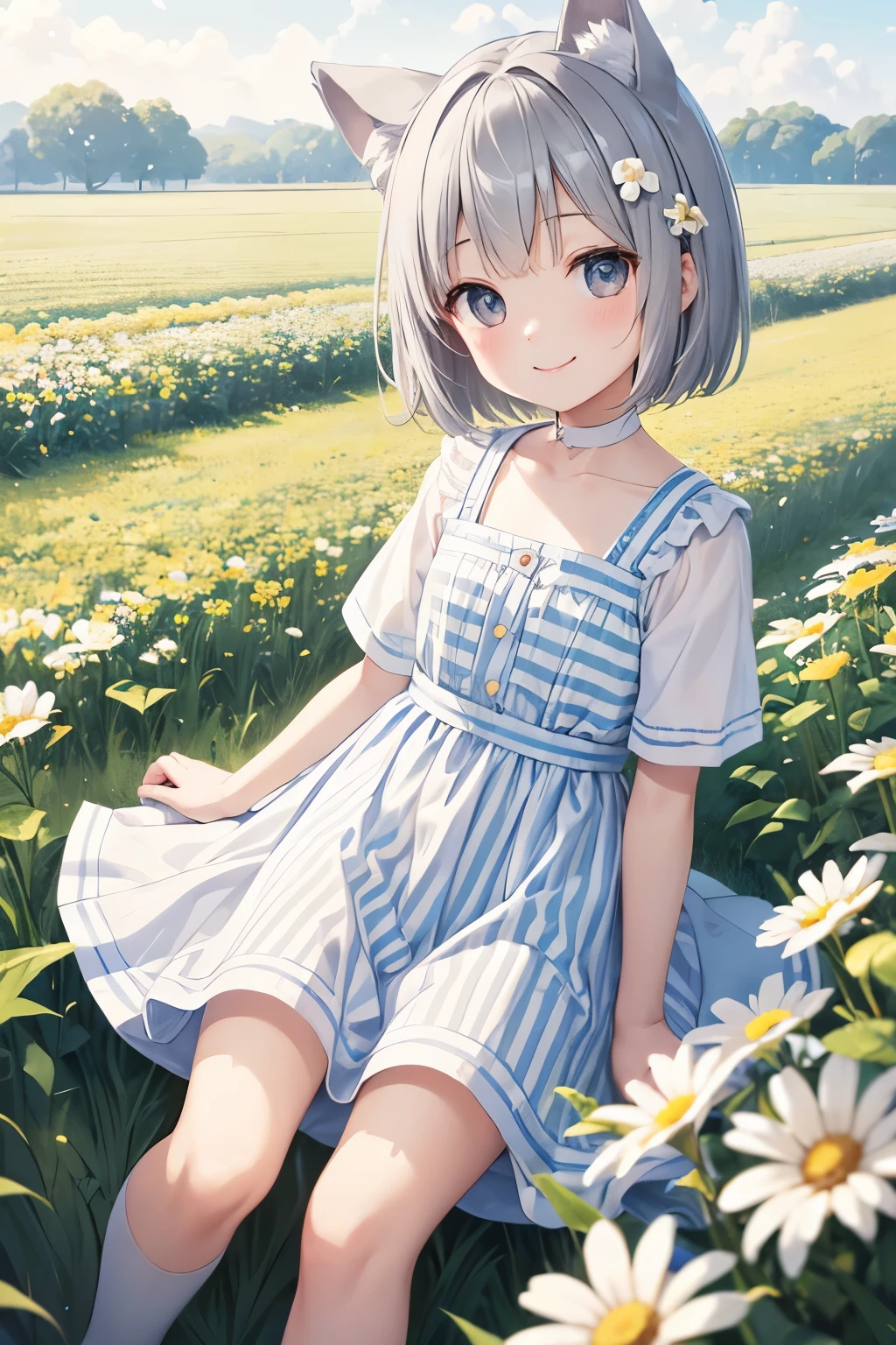 、Baby Face、Very short、Young、child、Gray Hair、Dog ears、Short Bob、Slender body、White and light blue striped dress、smile、Flower Field