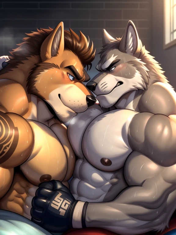 Duo male(Brown Wolf vs Gray Wolf), handsomes(handsome hairstyle, Thick eyebrows, detailed face), gay(Lying down, cuddling, body with body, wrestling at each other, face to face, face close view, on a private bed match), hot(Shirtless), handsomes(They are handsomes, correct anatomy), musculosos(Big muscle bodies, Six packs, muscle abs, big pecs), sweaty(very sweaty wet bodies, shiny sweat), tatuajes(they have tattoos), grumpy(Both have an grumpy expression, grumpy teeths, steaming breath), UFC gloves(They both are wearing UFC gloves), Hight resolution, by(Zourik:1.1)