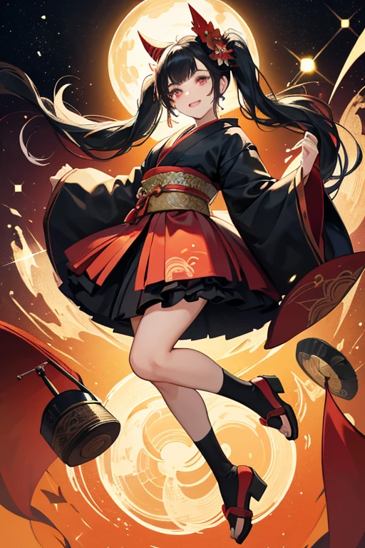 Her Happy Places version is altered in appearance. She lacks her eye-shadow and her hair is worn in short straightened pigtails at the bottom of her head with slightly altered bangs. She wears a similar head accessory as her original, along with an all red kimono with black lining and the same petticoat, obi, and shoes. SPARKLE; GLITTER