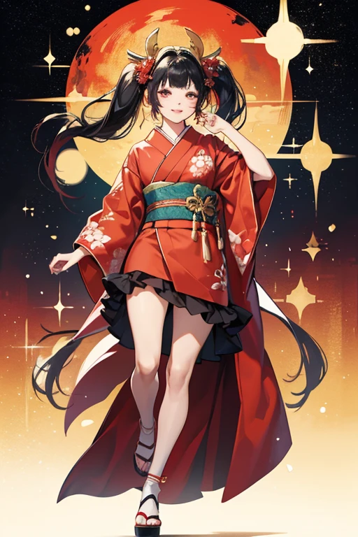 Her Happy Places version is altered in appearance. She lacks her eye-shadow and her hair is worn in short straightened pigtails at the bottom of her head with slightly altered bangs. She wears a similar head accessory as her original, along with an all red kimono with black lining and the same petticoat, obi, and shoes. SPARKLE; GLITTER