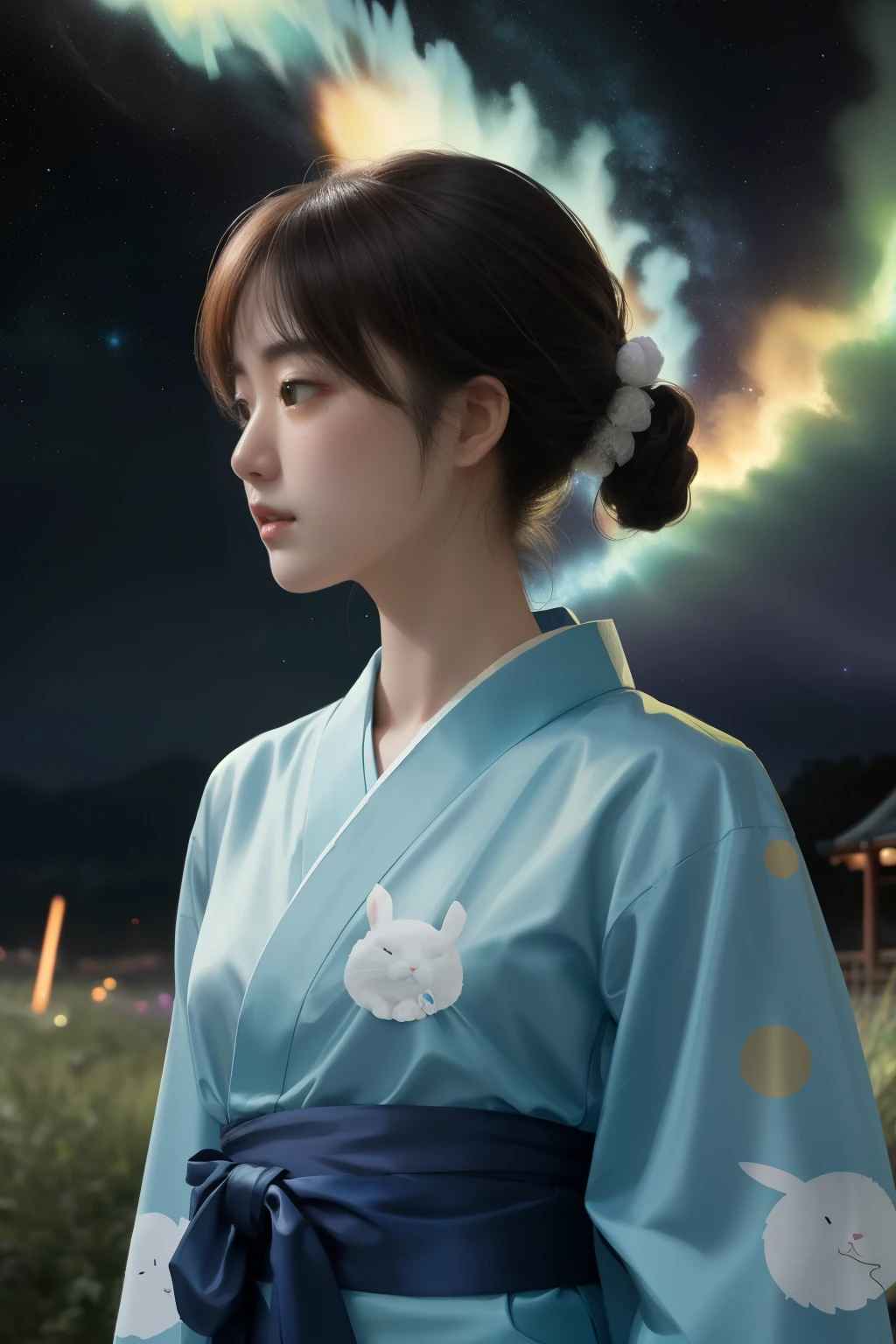 Cosmic Energy, Glow Wave, wallpaper, Miniature Core, Rust and electric green flakes, RTTX 10.0, Ordinary Japanese (girl:1.1) Attend a concert, Sky blue thin silk、Multiple white rabbit designs、Wearing a yukata with a dark blue sash, Looking into the distance, A world where concept art and realism come together, Very detailed, Super detailed, There's a supernova explosion in the sky、A 16-year-old girl wearing a Japanese yukata,A beautiful girl with a slim figure,