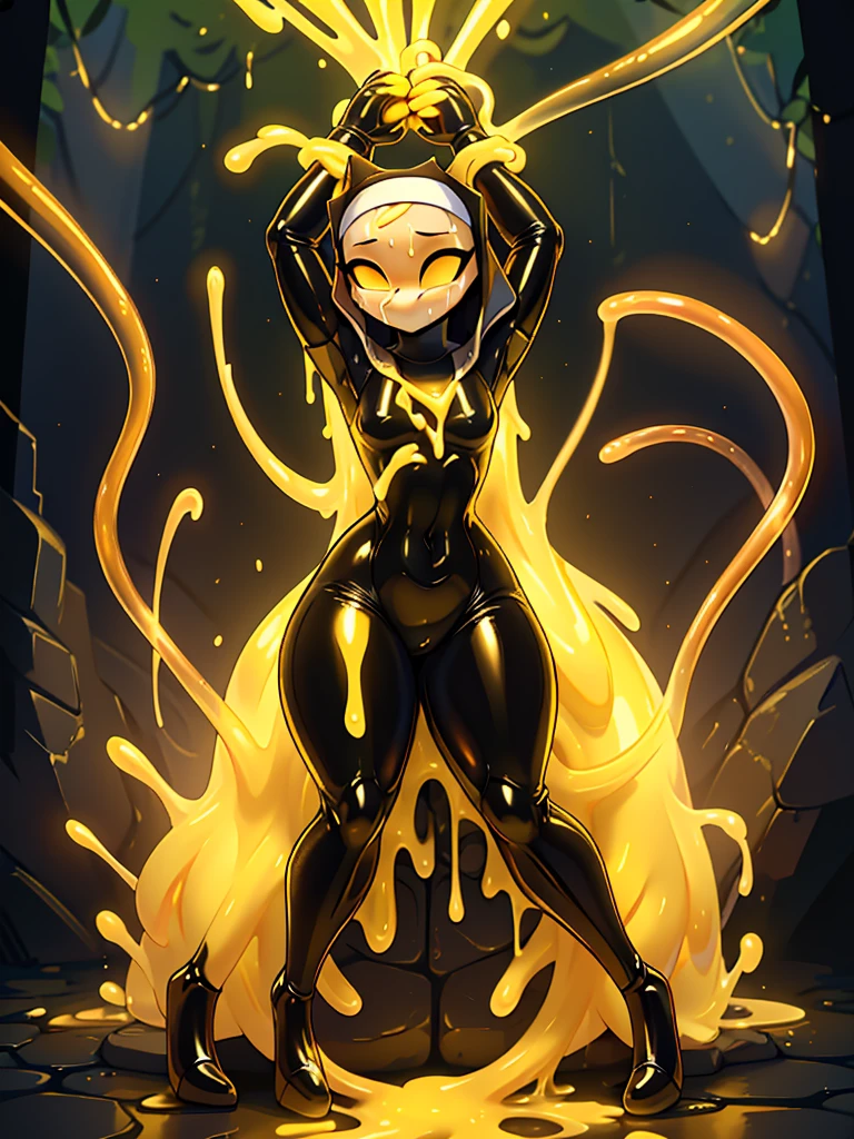 (masterpiece), ((perfect anatomy)), (high Res), (4k), hornet, ((insectoid)), ((segmented body)), ((insect body parts)), black body, (((white head))), 3 fingers(index, middle and thumps), flat chest, wide hips, (((full body latex skin tight nun outfit))), (((solo))), narrow waist, (cute artstyle), (((glowing yellow eyes))), ((mind controlled)), (((brainwashed))), praying, (((held, tangled and restrained by yellow glowing tentacles along the body))), (excessive amount of yellow glowing cum in face), ((yellow glowing cum on body)), ((yellow glowing cum on face)), ((excessive amount of yellow glowing cum)), ((yellow glowing cum in chest)), (((overflowing yellow glowing cum)))