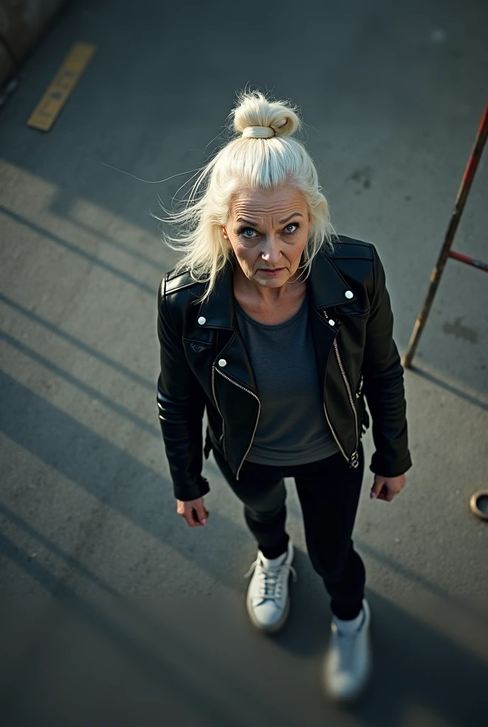 Old russian milf, platinum blonde hair in top bun ,with very light blue eyes, pale, heavy eye shadow s. Wearing black moto jacket, cropped rock t-shirt, black leather jeans and white tennis sneakers. Scared face. Seen from above 