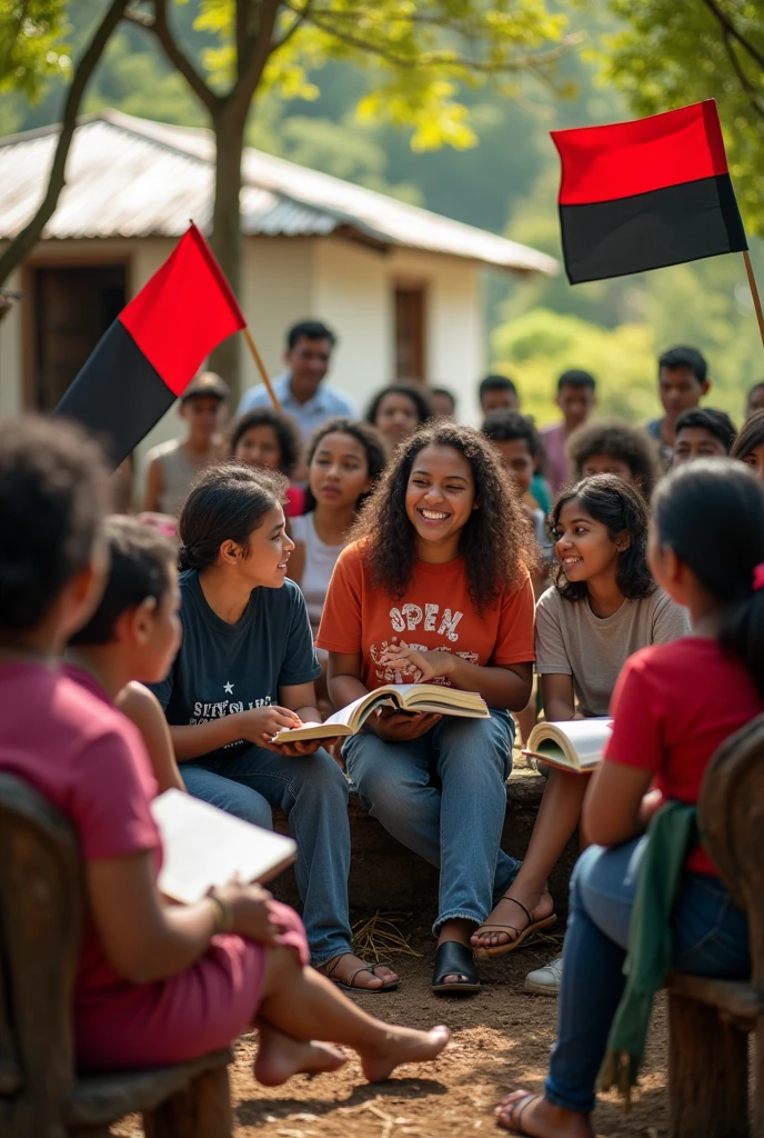 Nicaraguan youth of mixed race, teaching literacy with their books: to many adult mestizos, dark-skinned and Nicaraguan peasants, with old clothes and carrying in their hands red and black two-color flags, sitting on very old wooden chairs
