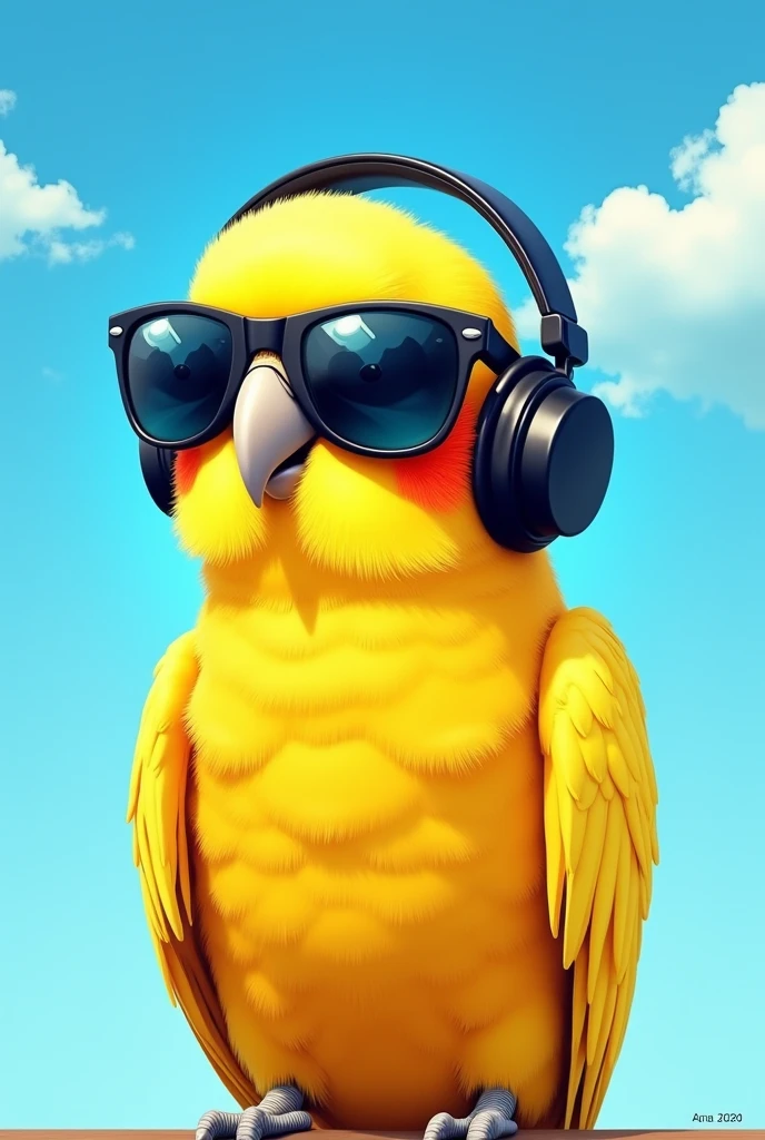 Angry yellow parakeet with headphones and sunglasses, simple modern drawing style, blue sky background