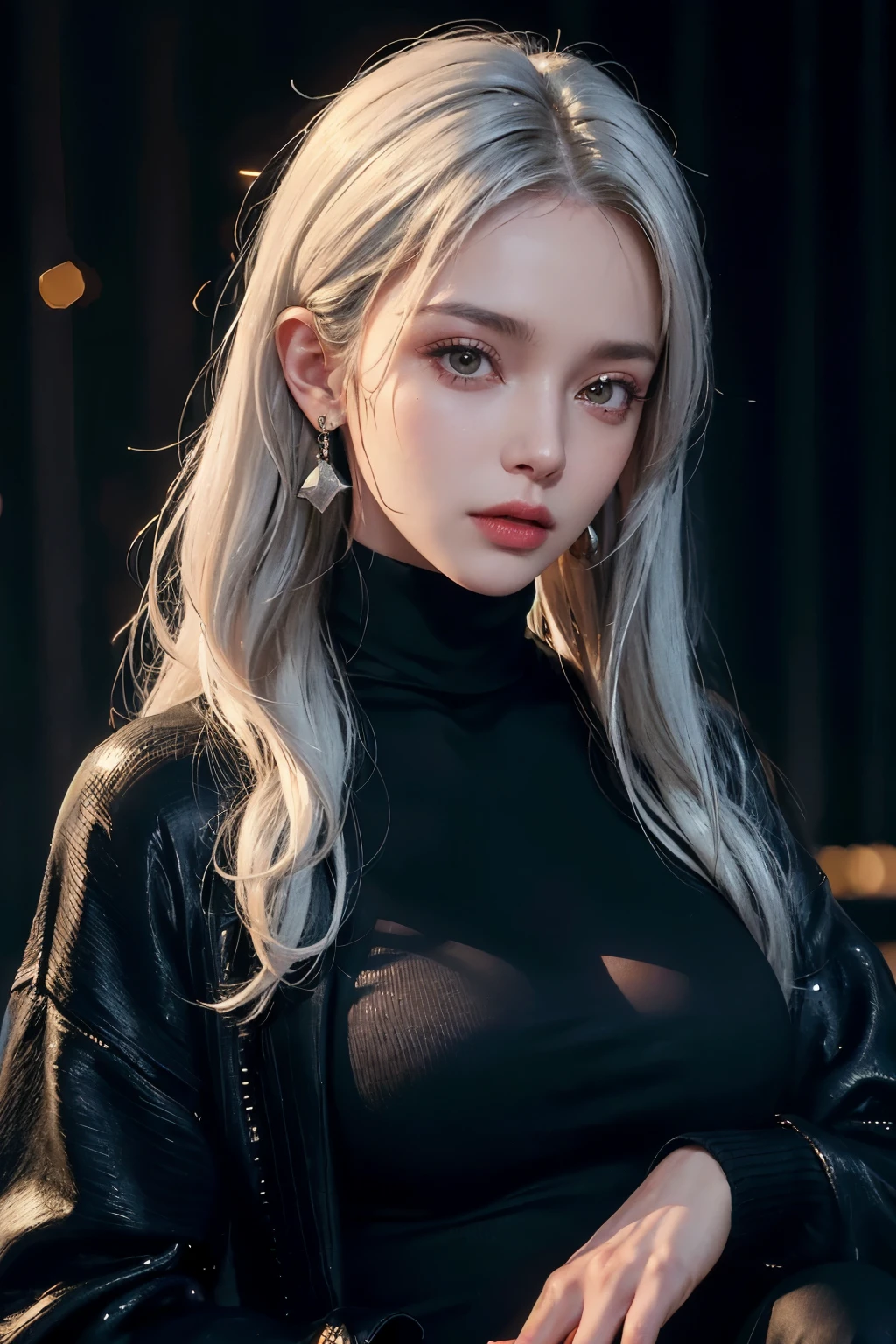 photo of beautiful (n4t3mm:0.99), a woman as a movie star, turtleneck sweater, black jacket, (trousers), movie premiere gala, dark moody ambience (masterpiece:1.2) (photorealistic:1.2) (bokeh) (best quality) (detailed skin:1.2) (intricate details) (nighttime) (8k) (HDR) (cinematic lighting) (sharp focus), (looking at the camera:1.1), ((closeup portrait:1.2)), (earrings), colorful outfit,white hair