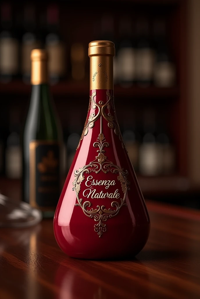 Create a wine bottle with a distinctive lid and packaging that has a red sticker and gold lines to make it very rustic.,written pure essence in Italian
