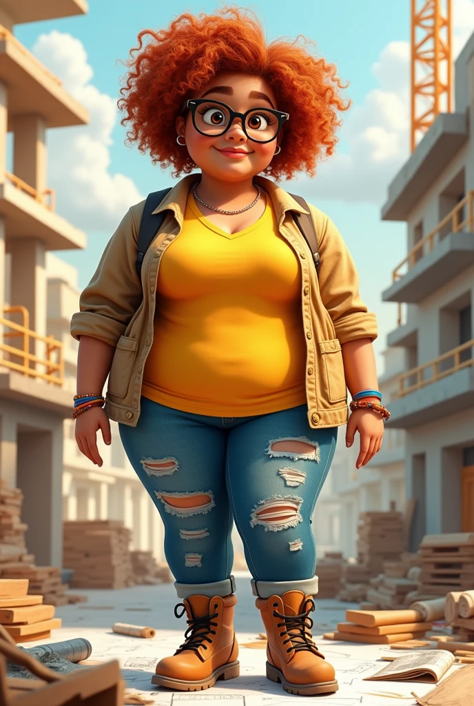 Very chubby and chubby female architect, with medium short curly copper red hair at shoulder length, light brown skin, dark brown eyes and hipster glasses, with bracelets and nose piercing, with rockstar style bag, ripped denim jeans, wearing a yellow shirt and a canvas jacket over it, open, and construction boots, construction stop, Disney Pixar Cartoon version 