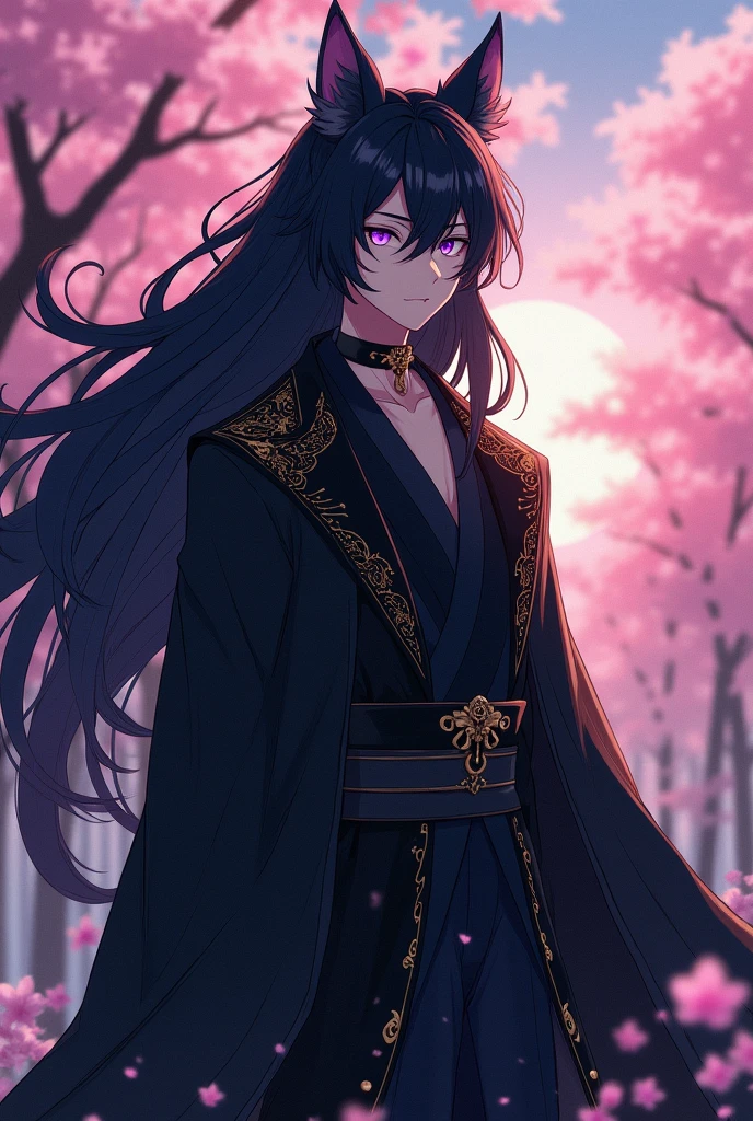 18 year old man, 1,76 height, long-haired black kitsune with violet eyes, black clothes with gold details, with haori, anime