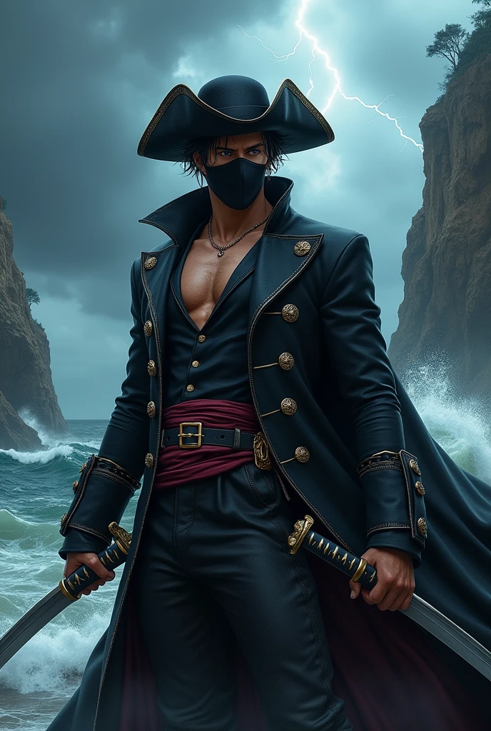 a male pirate from One Piece with short hair, 2 Katanas, a black hat, a black mask covering the mouth and a black overcoat