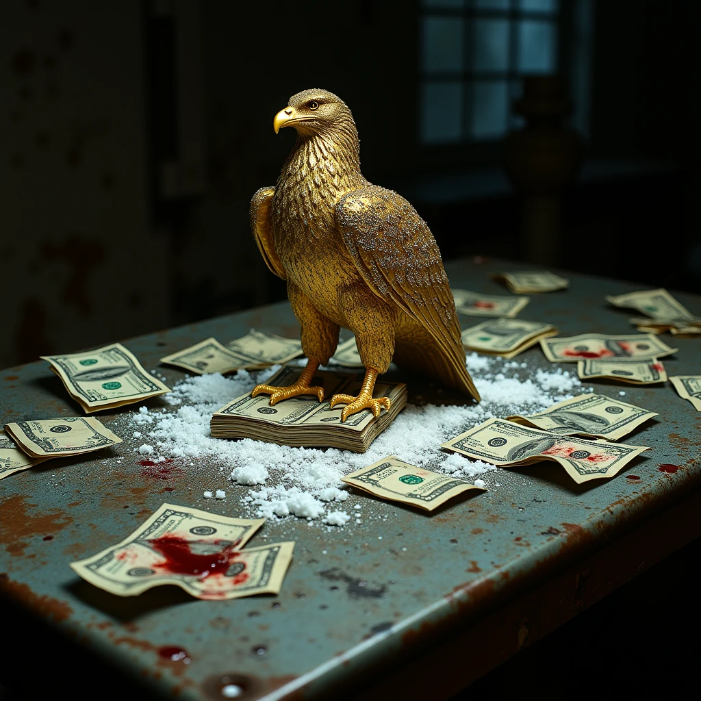 Old and dirty metal table with some rusty details, flat view top down, with dollars (a few dents or tears), a golden desert eagle with details studded with small diamonds, several lines of cocaine, small bags of cocaine torn apart. Blood and cocaine scattered around the scene, blood staining some dollar bills.
