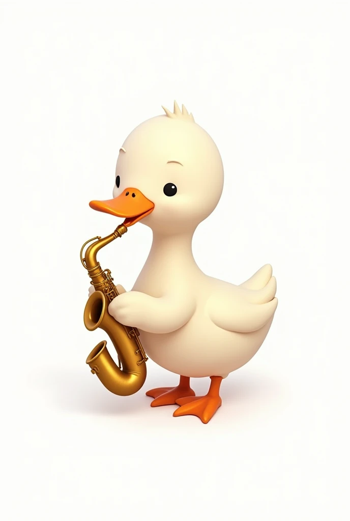 A white duck drawn in 2D on a white background holding a saxophone with its wings