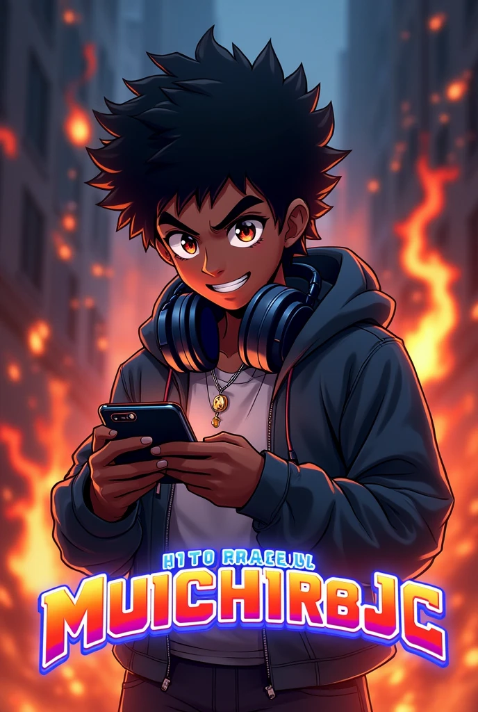 Create a mascot where it's a dark-skinned adult gamer guy playing with a phone that says MUICHIRO18JC below and a dark background with flames in the distance anime style