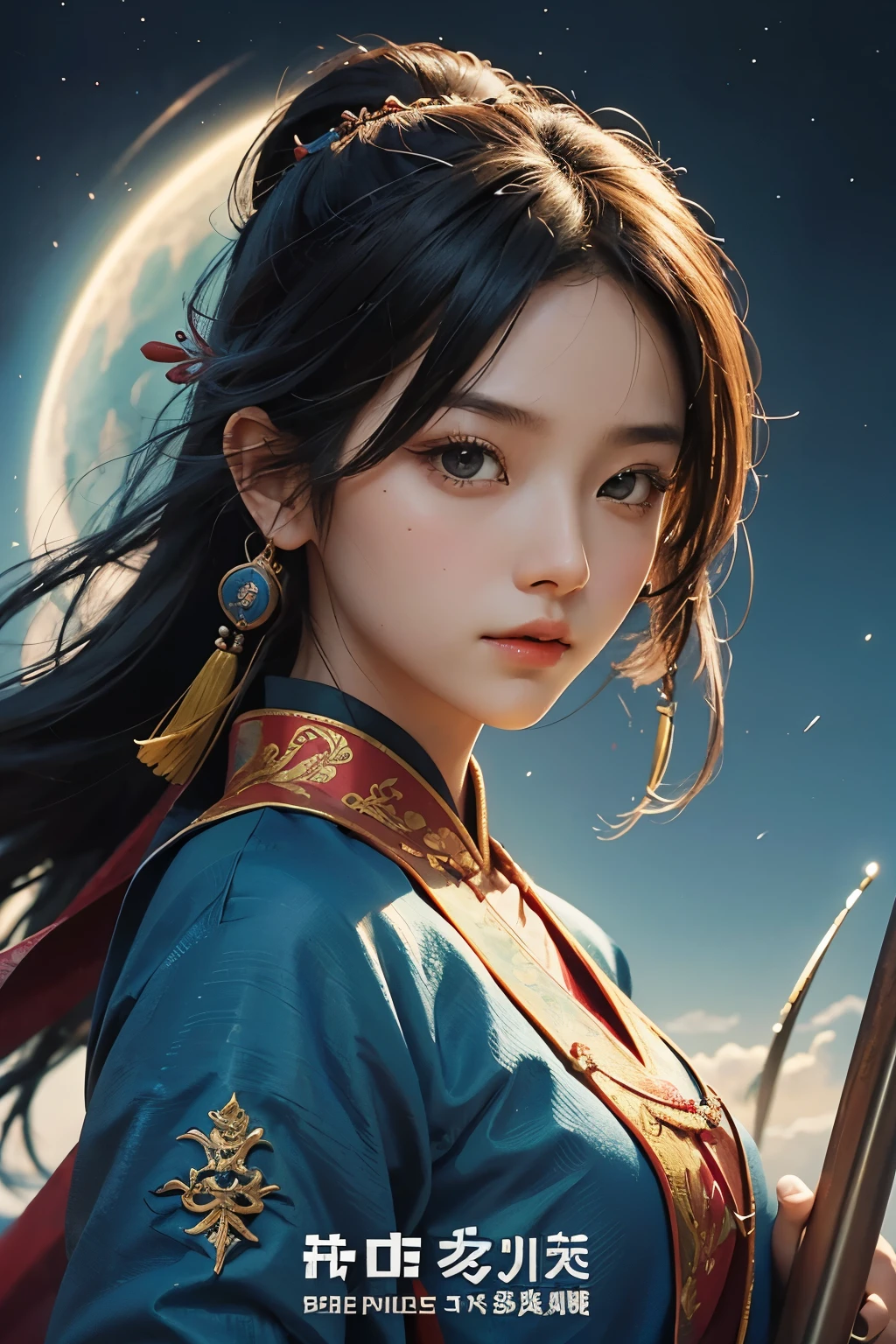 Close-up of poster of a person flying in the sky, Chinese martial arts movie promotional image, movie poster, Animated Poster Movie Still Portrait, Multicolor fit piece,Official Poster, Promotional poster, very high budget movie, The girl is running,Super beautiful girl,A beautiful girl with a slim figure,