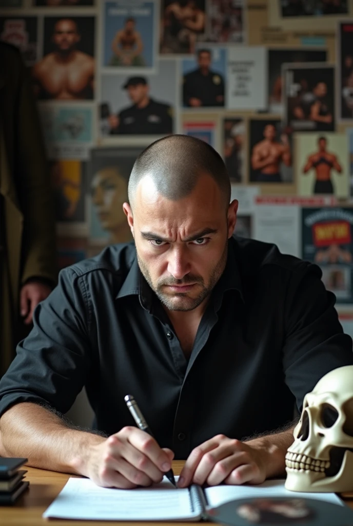 man studying for a competitive exam, offwhite, with an angry face, low hair and with a study-related background for a muscular competition and looking forward with a skull face, with black shirt, with a coat hanging on the wall and a skull-like face, with police photos on the wall