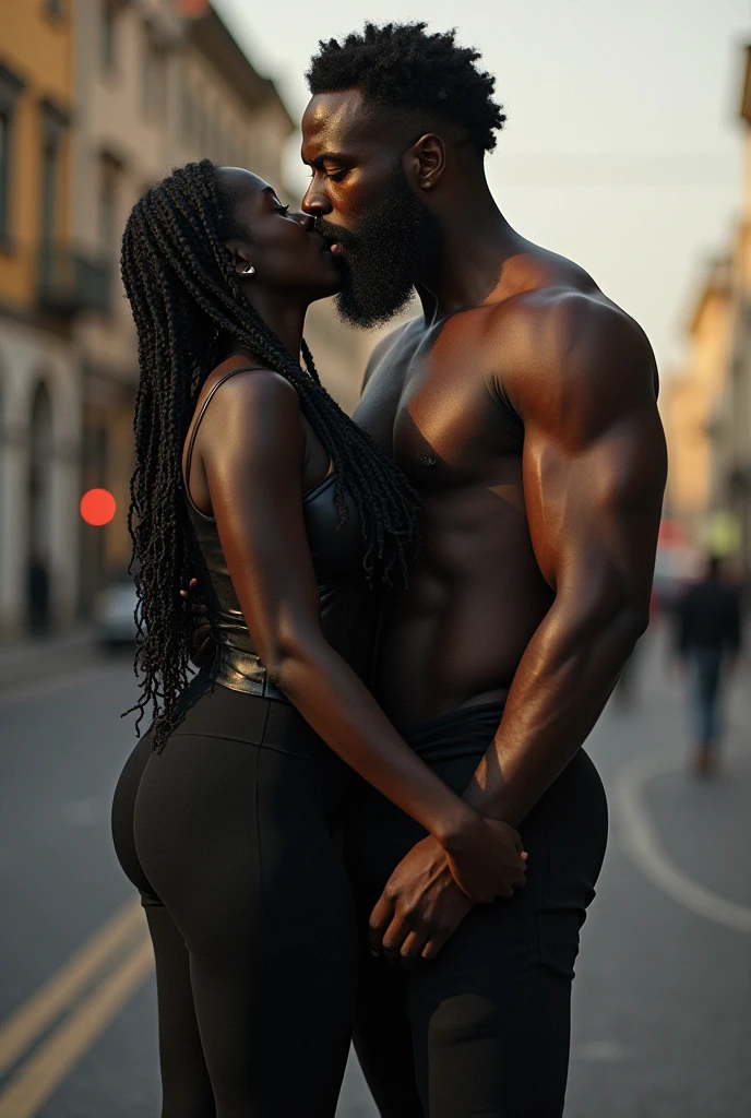 Topless Black BBW in rubber tight latex stockings sucking big black hairy cock of a big black man in daylight real picture