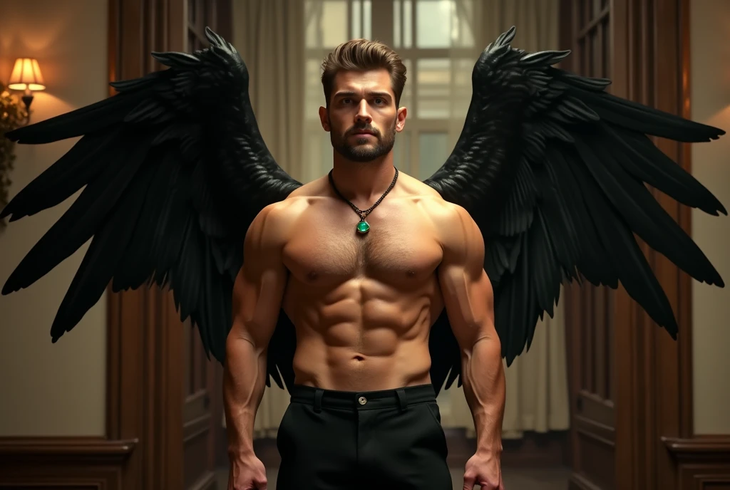 ((masterpiece)) ((4k resolution)) ((Whole body)) 30 year old man, Light brown hair, short hair, eyes the color of honey, bright Eyes, male face, three-day unshaven beard, intense and seductive look, with angel wings, black wings, muscled body, thick muscle, pectoral display, body hair, Black pants, necklace with an emerald pendant. scene: 1950s detective office.