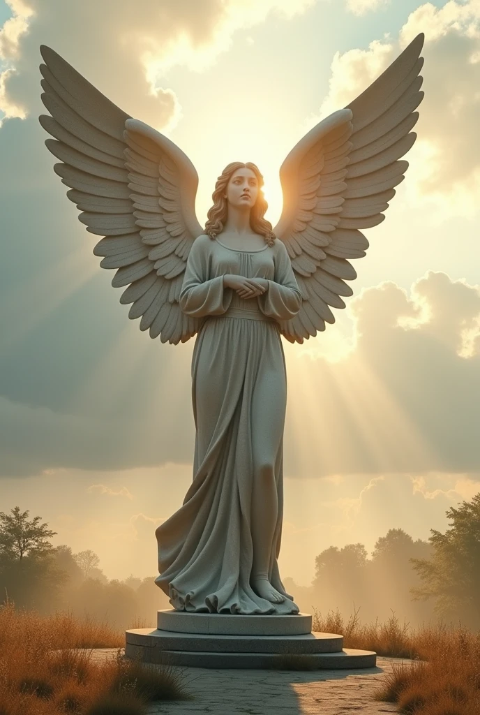 A statue of an angel made of concrete in the center, with light and clouds around it