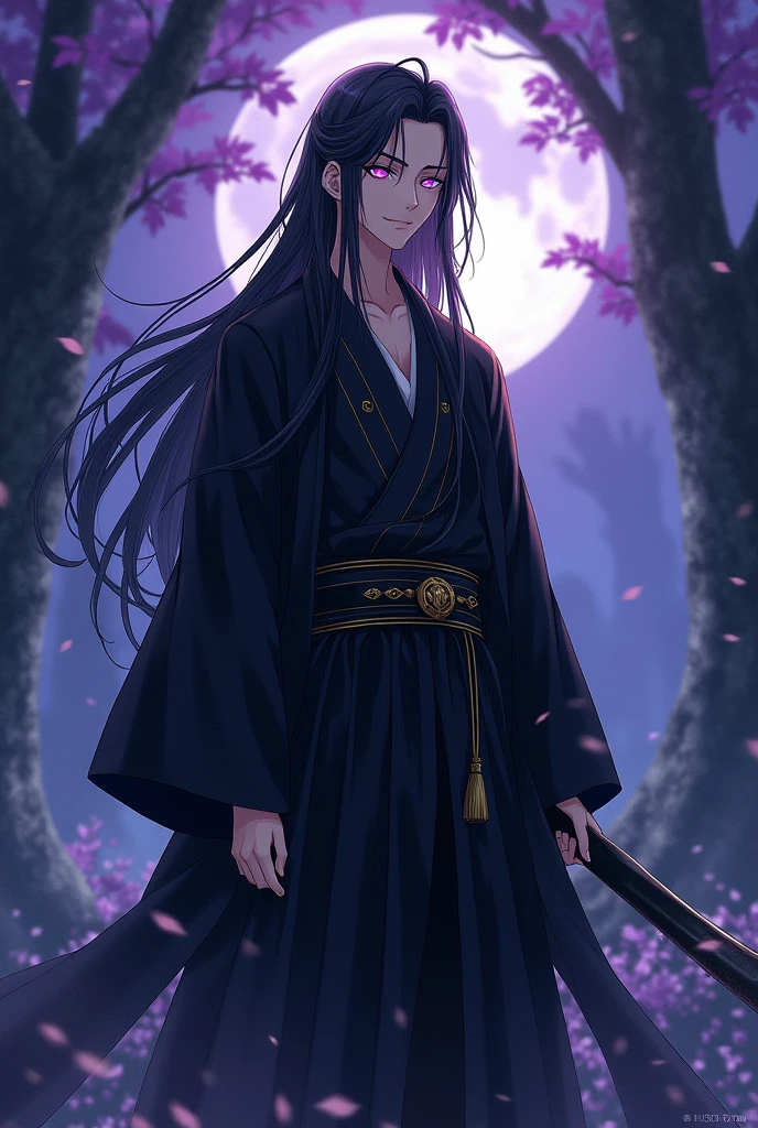 18 year old man, 1,76 height, long-haired black kitsune with violet eyes, black clothes with gold details, with haori, anime