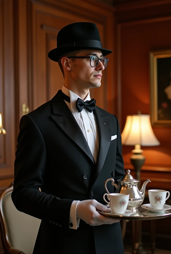 Butler、Short Hair、Glasses、Gentle eyes、Sharp mouth、Age is 28、