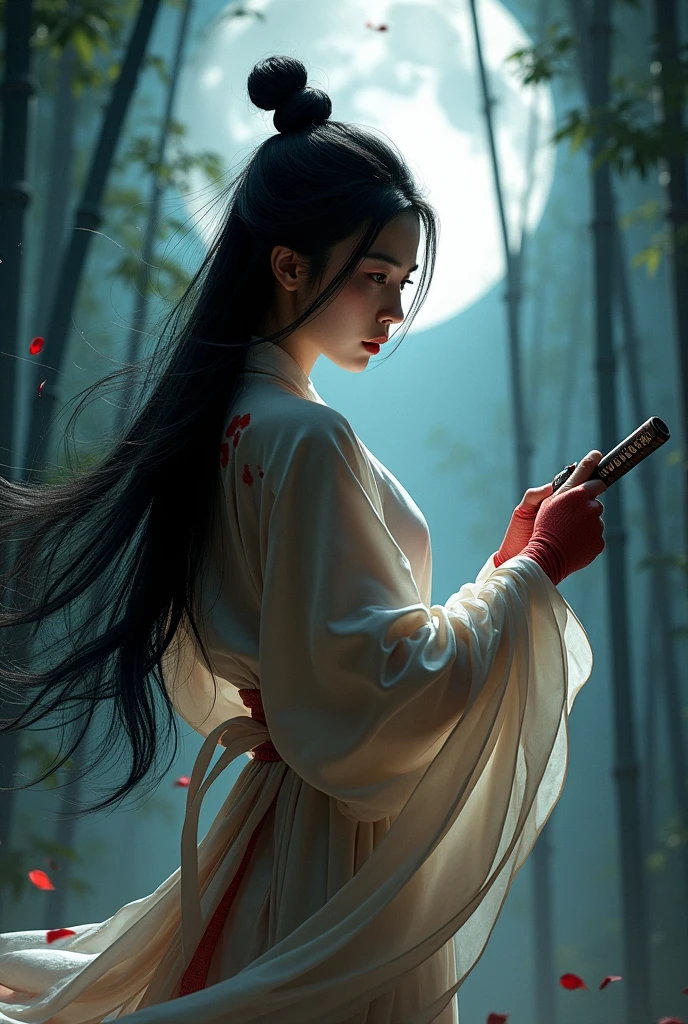 Very beautiful Chinese woman cutting the throat of a ninja, blood stains, blood splashed
