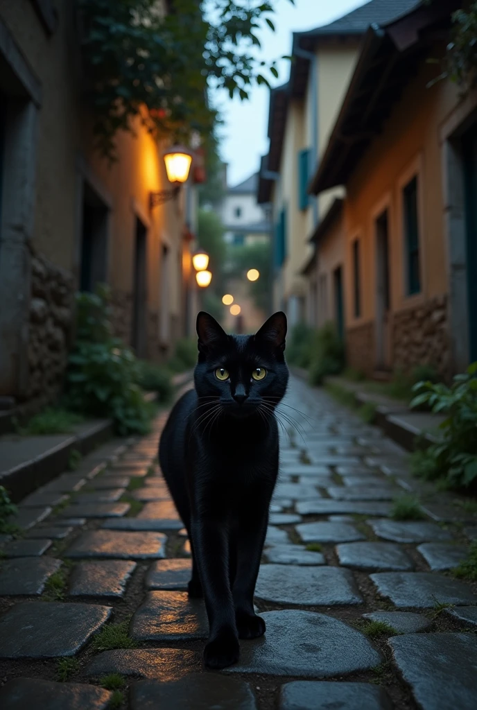 Cat walks lightly on the cobblestone road，Footsteps silent，But every step is full of mystery。Camera follows the cat's footsteps at a low angle，The background is the quiet houses on both sides of the alley and the leaves swaying in the breeze。

sudden，A breeze blew by，Camera captures the detail of rustling leaves。The cat stops，Ears slightly perked，Seems to catch some sound。Cat's head slowly turns to the depths of the alley，A faint light flickers in the distance。