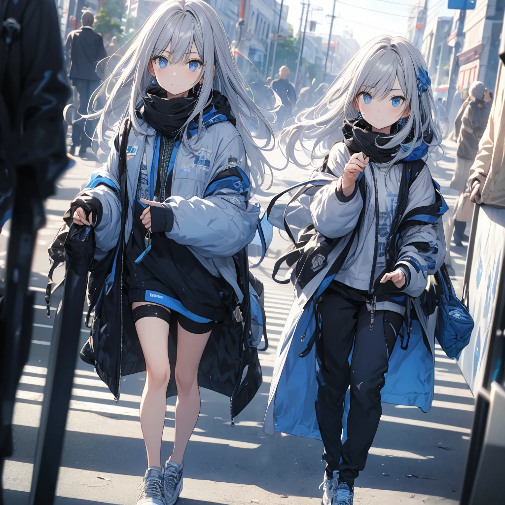 A faint smile, Bright silver hair, blue eyes, sneakers, 8k, Highest quality