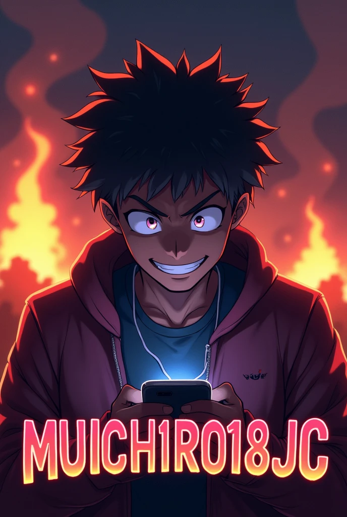 Create a mascot where it's a dark-skinned adult gamer guy playing with a phone that says MUICHIRO18JC below and a dark background with flames in the distance anime style
