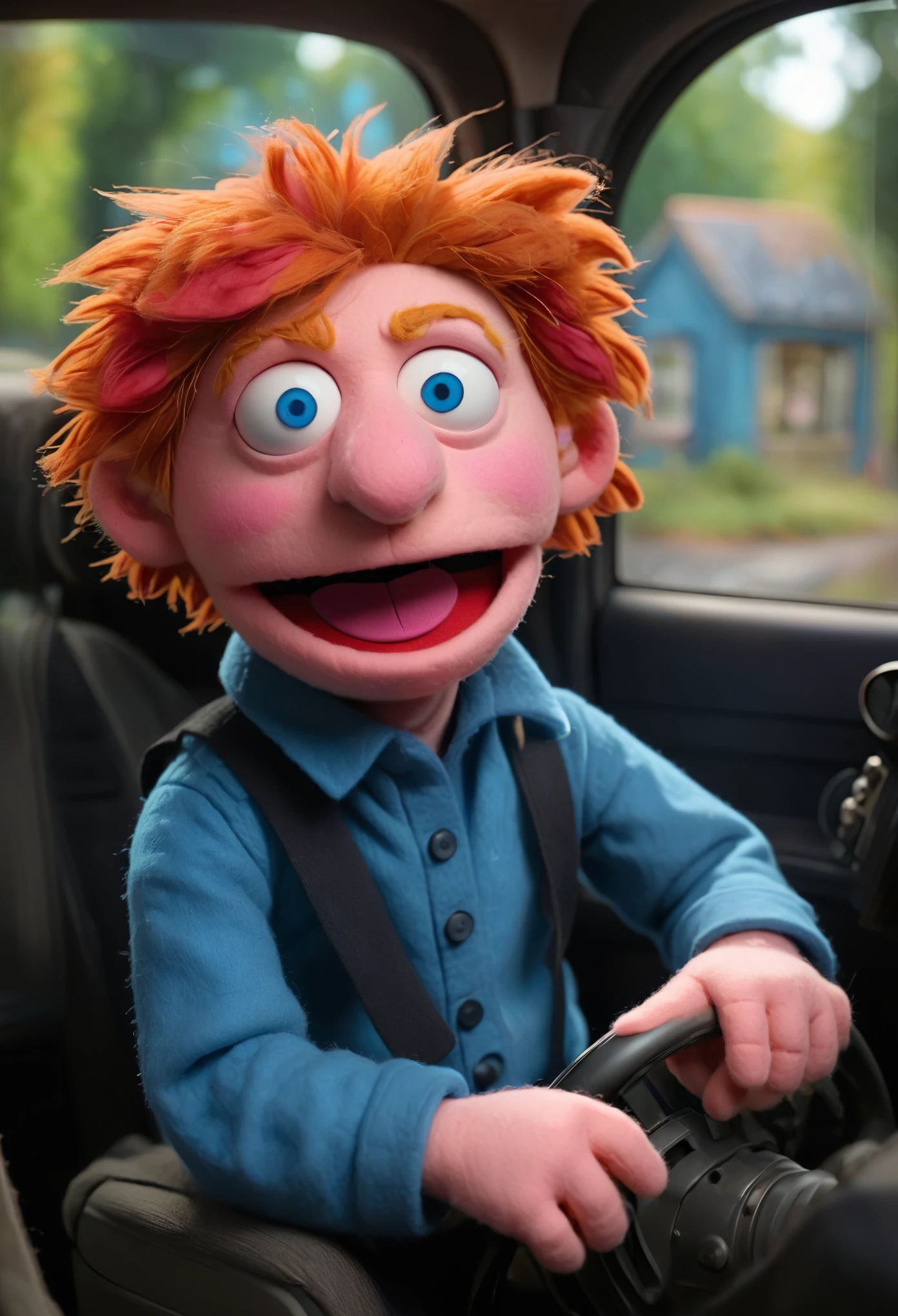 in a felt puppet world style, 1boy pale skin vibrant red hair, deep blue eyes, pale pink skin, drives his car to school